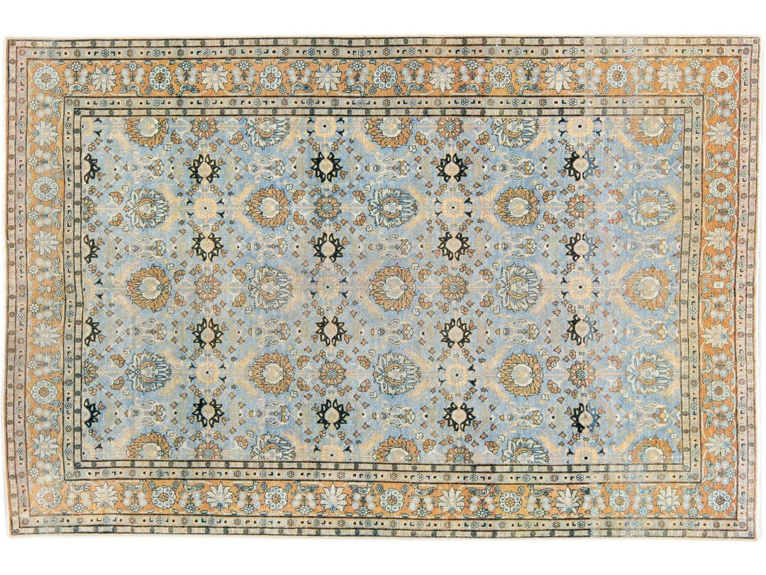 Blue Antique Persian Tabriz Handmade Floral Pattern Wool Rug