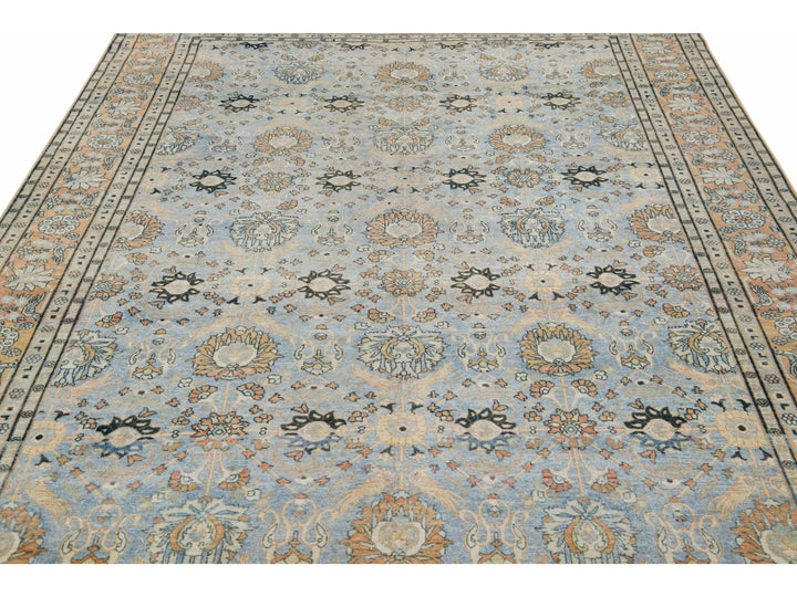 Blue Antique Persian Tabriz Handmade Floral Pattern Wool Rug