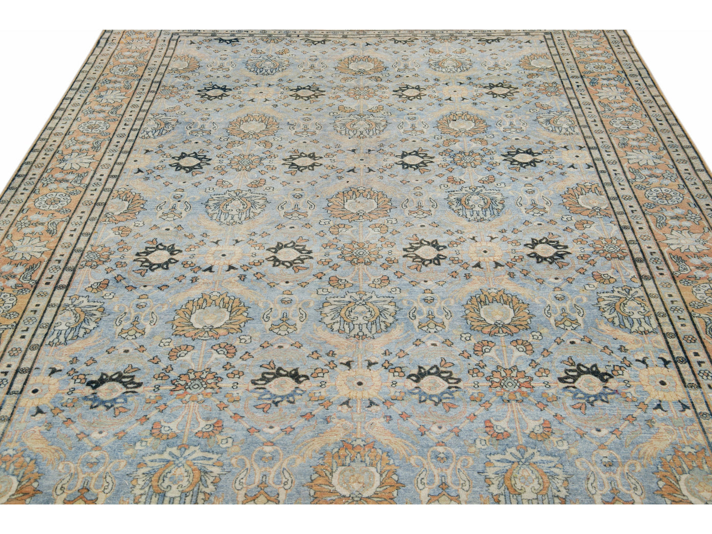 Blue Antique Persian Tabriz Handmade Floral Pattern Wool Rug