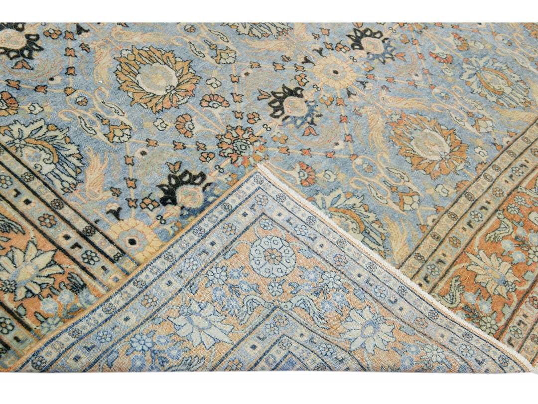 Blue Antique Persian Tabriz Handmade Floral Pattern Wool Rug