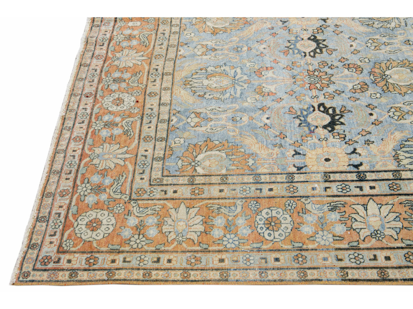 Blue Antique Persian Tabriz Handmade Floral Pattern Wool Rug