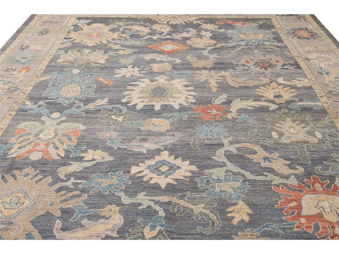 Modern Sultanabad Gray Handmade Geometric Floral Wool Rug