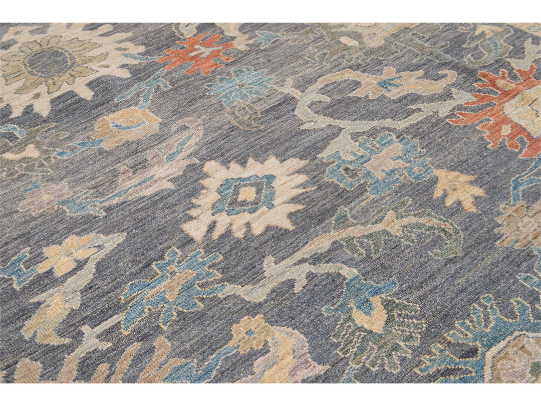 Modern Sultanabad Gray Handmade Geometric Floral Wool Rug