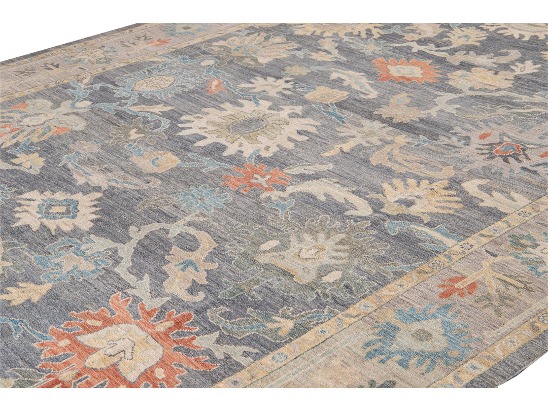 Modern Sultanabad Gray Handmade Geometric Floral Wool Rug