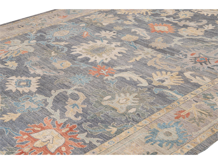 Modern Sultanabad Gray Handmade Geometric Floral Wool Rug