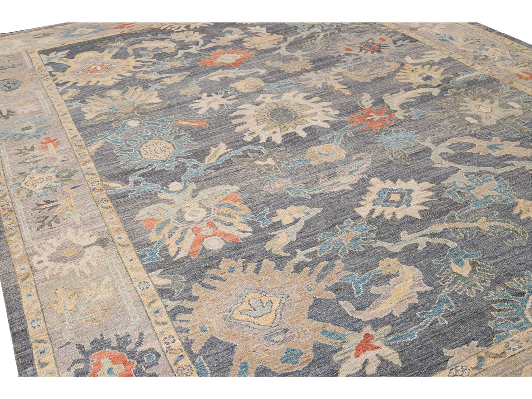 Modern Sultanabad Gray Handmade Geometric Floral Wool Rug