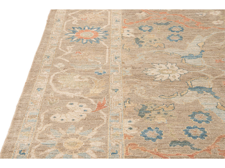 Contemporary Sultanabad Tan Handmade Geometric Floral Wool Rug