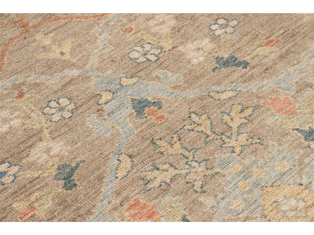 Contemporary Sultanabad Tan Handmade Geometric Floral Wool Rug