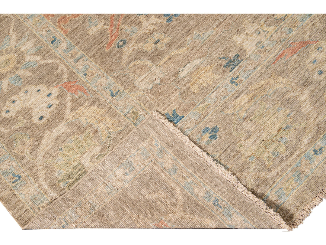 Contemporary Sultanabad Tan Handmade Geometric Floral Wool Rug