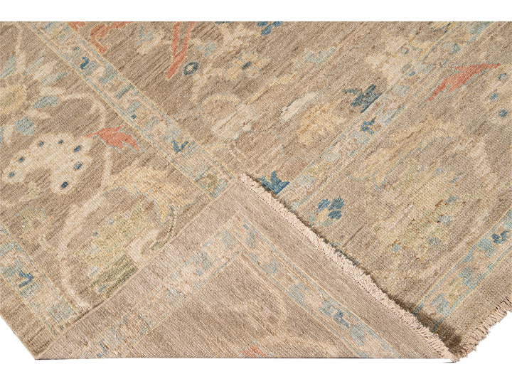 Contemporary Sultanabad Tan Handmade Geometric Floral Wool Rug