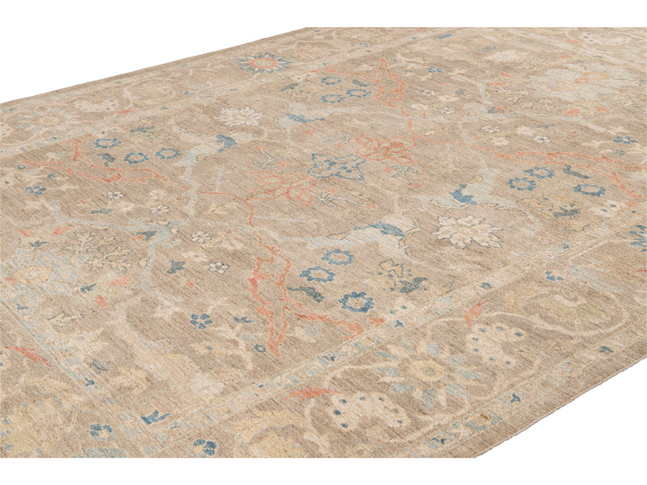 Contemporary Sultanabad Tan Handmade Geometric Floral Wool Rug