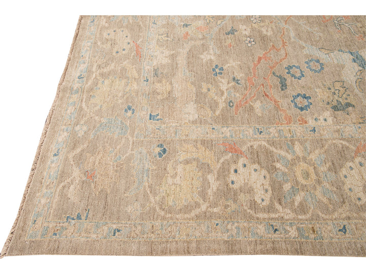 Contemporary Sultanabad Tan Handmade Geometric Floral Wool Rug