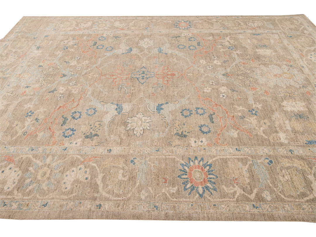 Contemporary Sultanabad Tan Handmade Geometric Floral Wool Rug