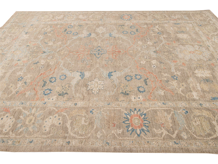 Contemporary Sultanabad Tan Handmade Geometric Floral Wool Rug