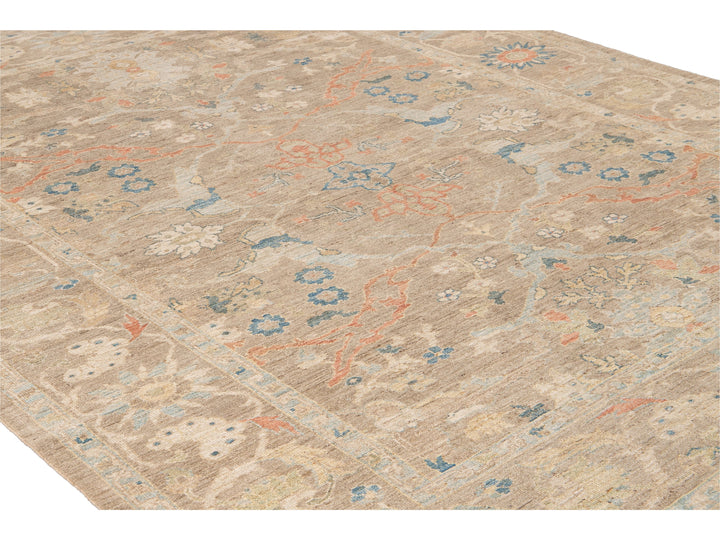Contemporary Sultanabad Tan Handmade Geometric Floral Wool Rug