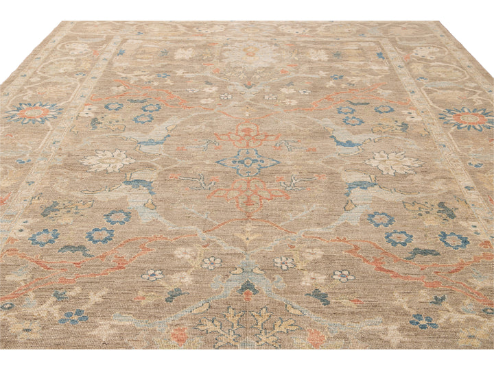 Contemporary Sultanabad Tan Handmade Geometric Floral Wool Rug