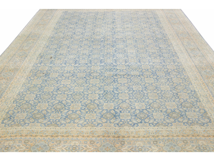 Antique Persian Tabriz Handmade Floral Pattern Blue Wool Rug
