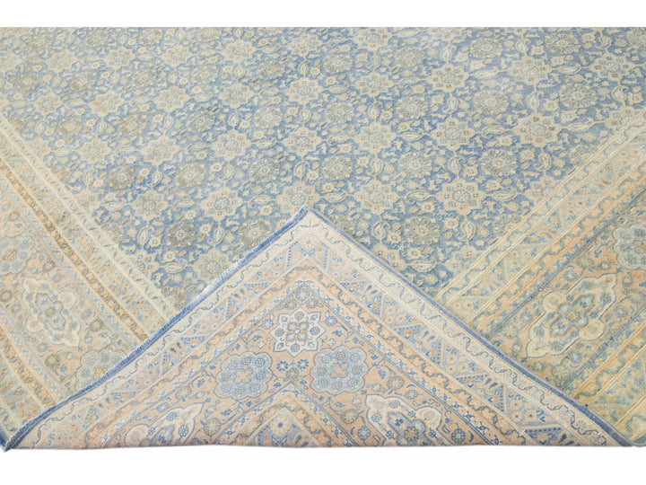Antique Persian Tabriz Handmade Floral Pattern Blue Wool Rug