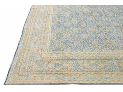 Antique Persian Tabriz Handmade Floral Pattern Blue Wool Rug