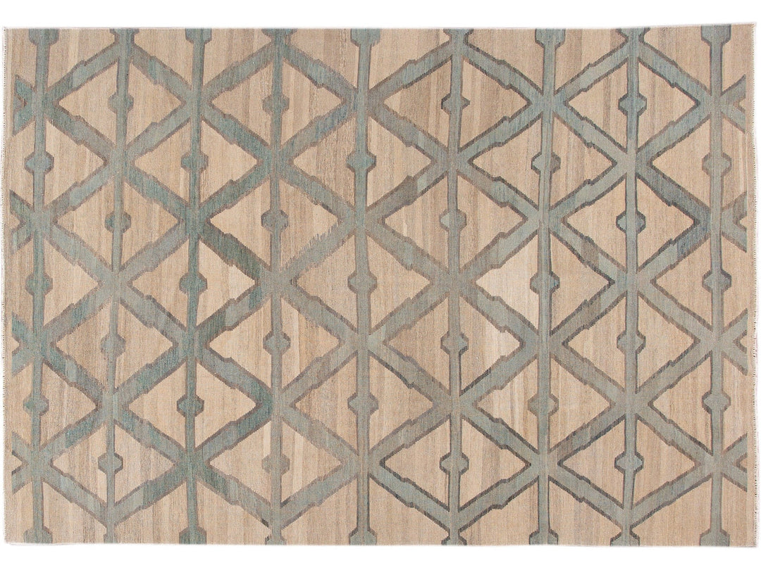Modern Beige Kilim Flatweave Geometric Pattern Wool Rug