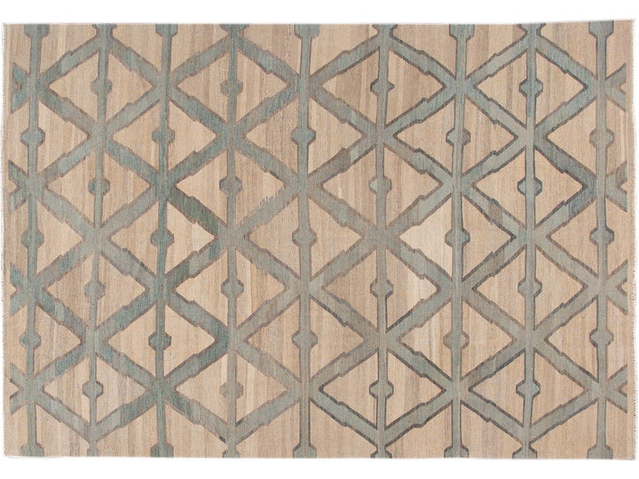Modern Beige Kilim Flatweave Geometric Pattern Wool Rug