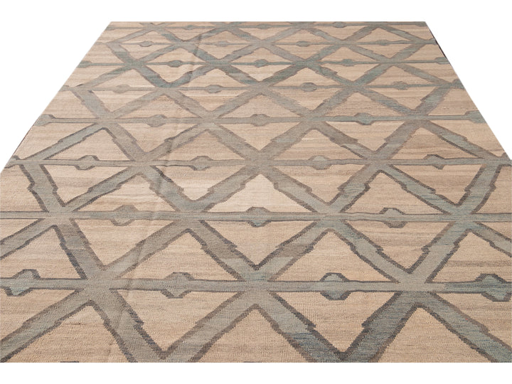 Modern Beige Kilim Flatweave Geometric Pattern Wool Rug