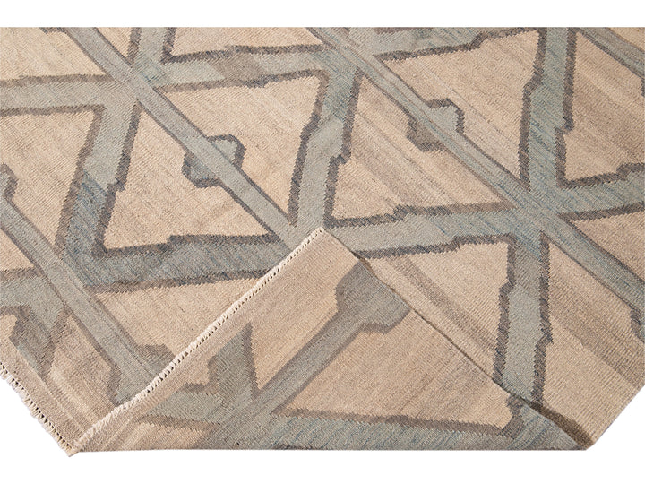 Modern Beige Kilim Flatweave Geometric Pattern Wool Rug