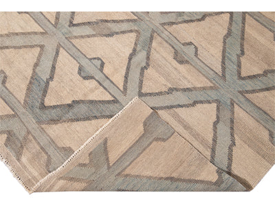 Modern Beige Kilim Flatweave Geometric Pattern Wool Rug