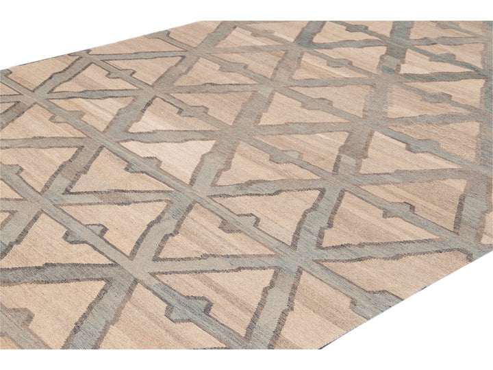 Modern Beige Kilim Flatweave Geometric Pattern Wool Rug