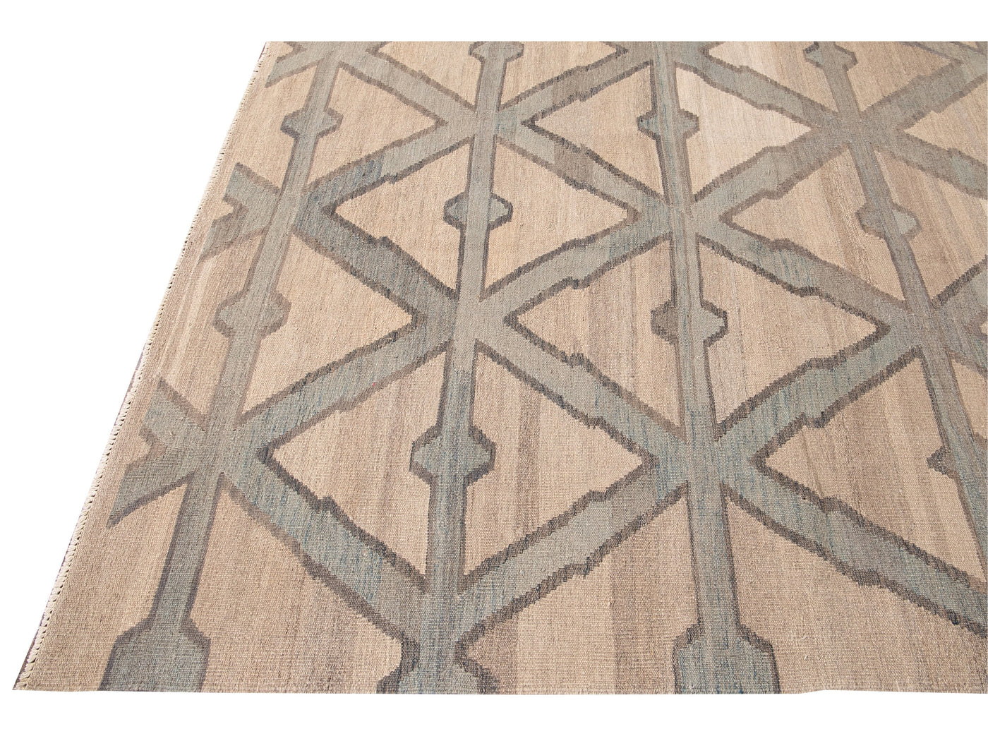 Modern Beige Kilim Flatweave Geometric Pattern Wool Rug