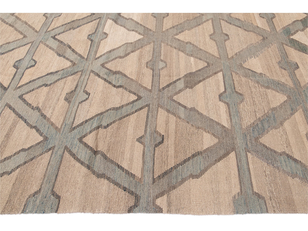 Modern Beige Kilim Flatweave Geometric Pattern Wool Rug