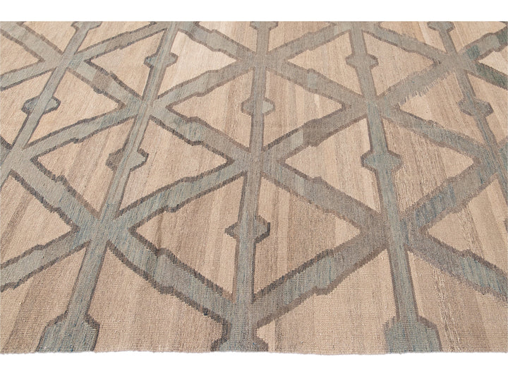 Modern Beige Kilim Flatweave Geometric Pattern Wool Rug