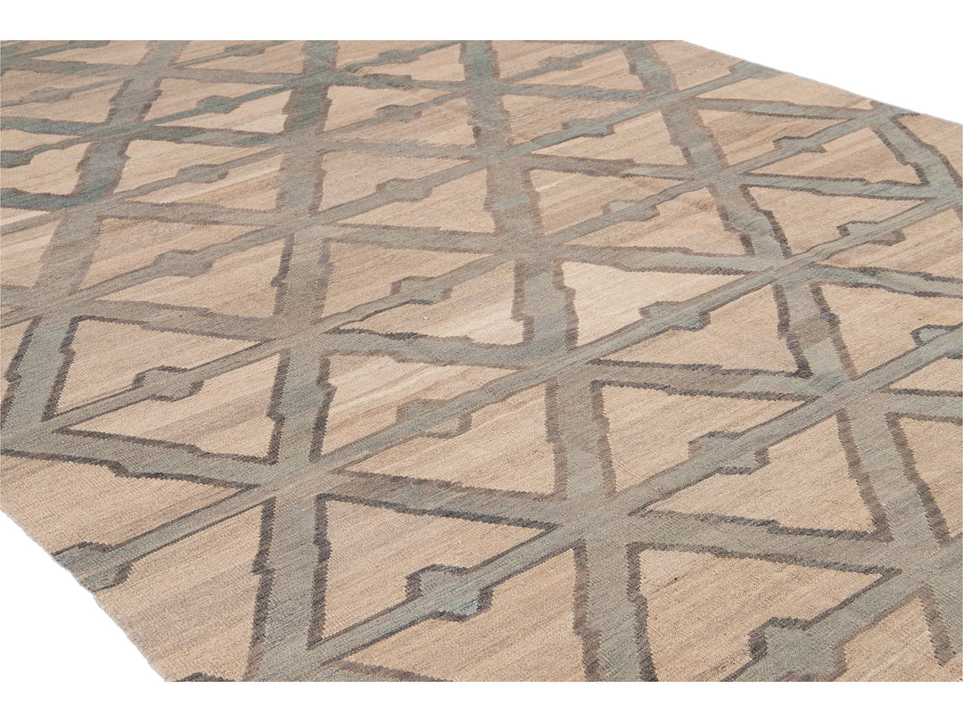 Modern Beige Kilim Flatweave Geometric Pattern Wool Rug