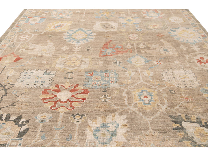 Modern Sultanabad Nude Handmade Geometric Floral Wool Rug