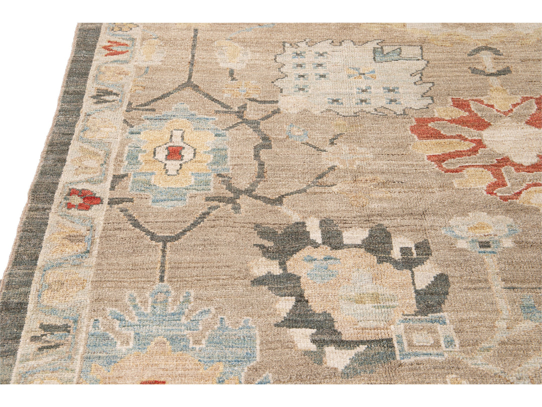 Modern Sultanabad Nude Handmade Geometric Floral Wool Rug