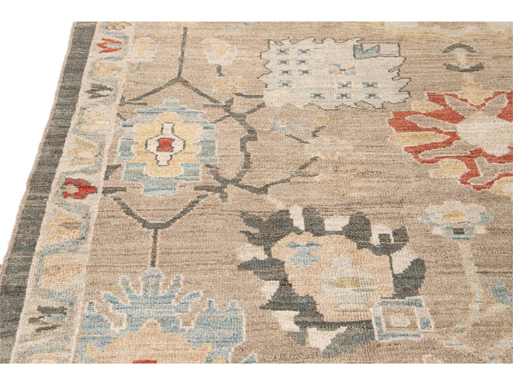 Modern Sultanabad Nude Handmade Geometric Floral Wool Rug