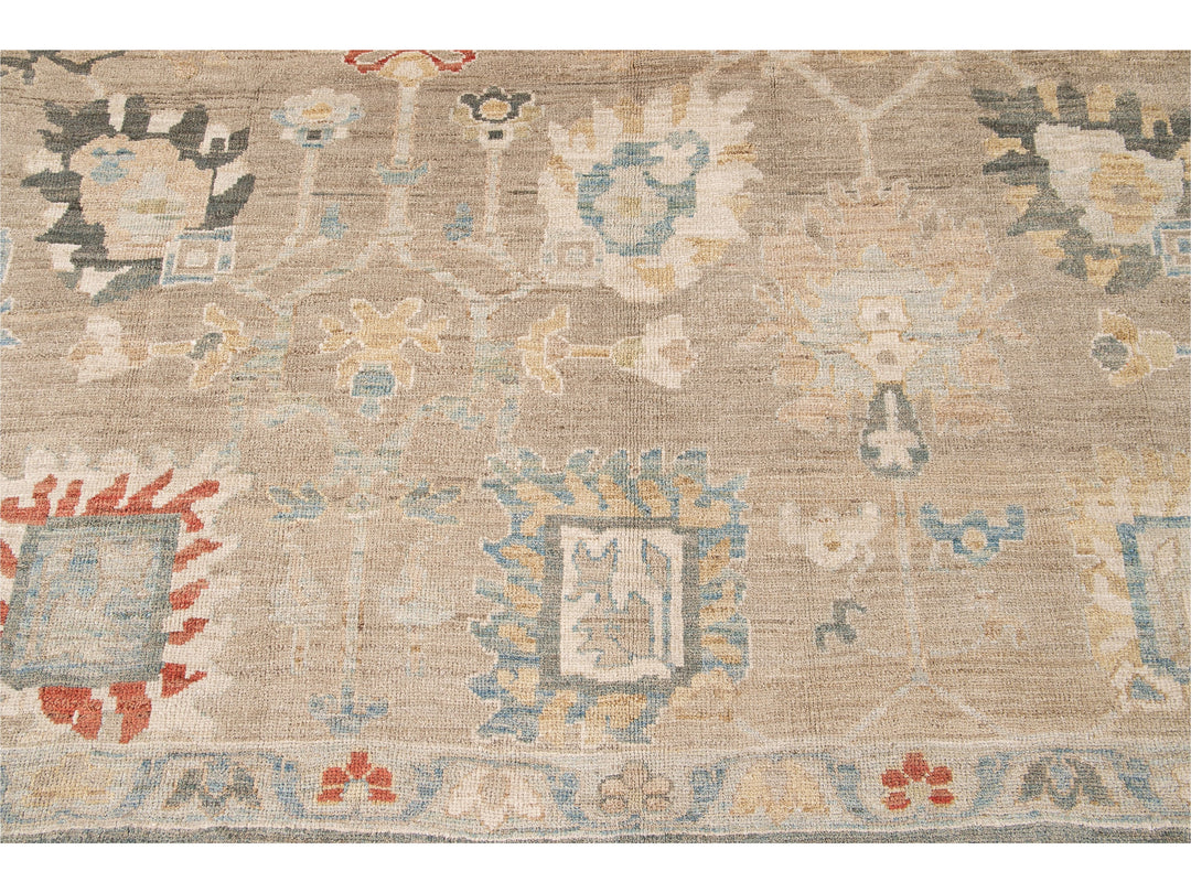 Modern Sultanabad Nude Handmade Geometric Floral Wool Rug