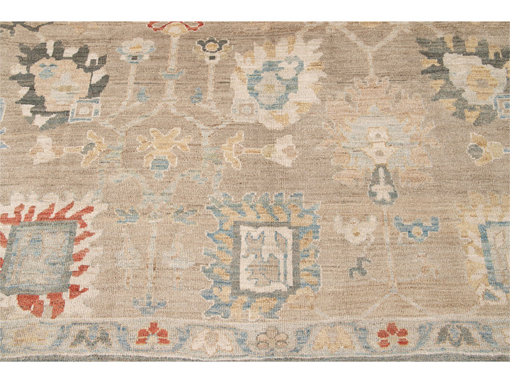 Modern Sultanabad Nude Handmade Geometric Floral Wool Rug