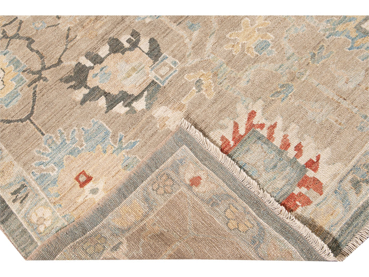 Modern Sultanabad Nude Handmade Geometric Floral Wool Rug