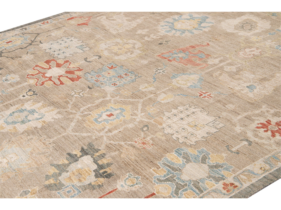 Modern Sultanabad Nude Handmade Geometric Floral Wool Rug