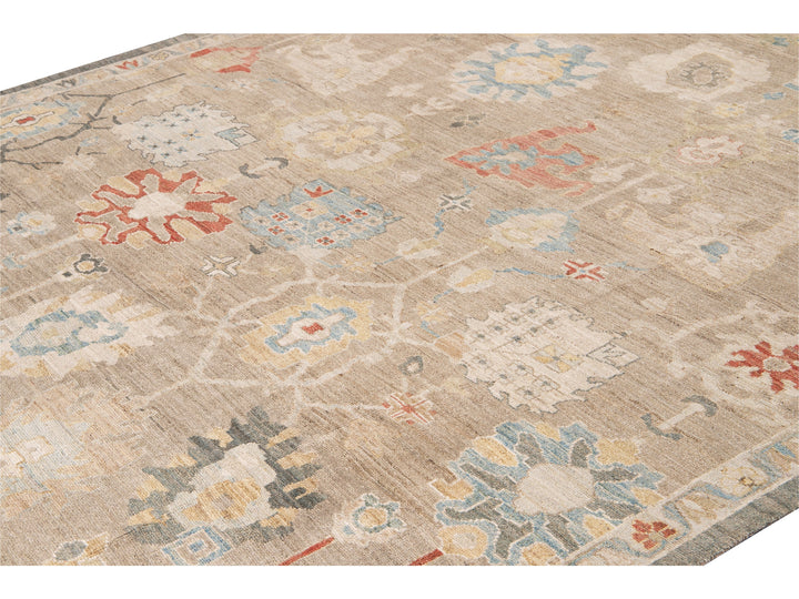 Modern Sultanabad Nude Handmade Geometric Floral Wool Rug