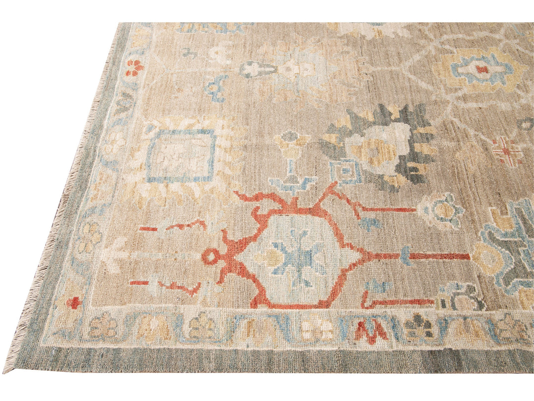 Modern Sultanabad Nude Handmade Geometric Floral Wool Rug