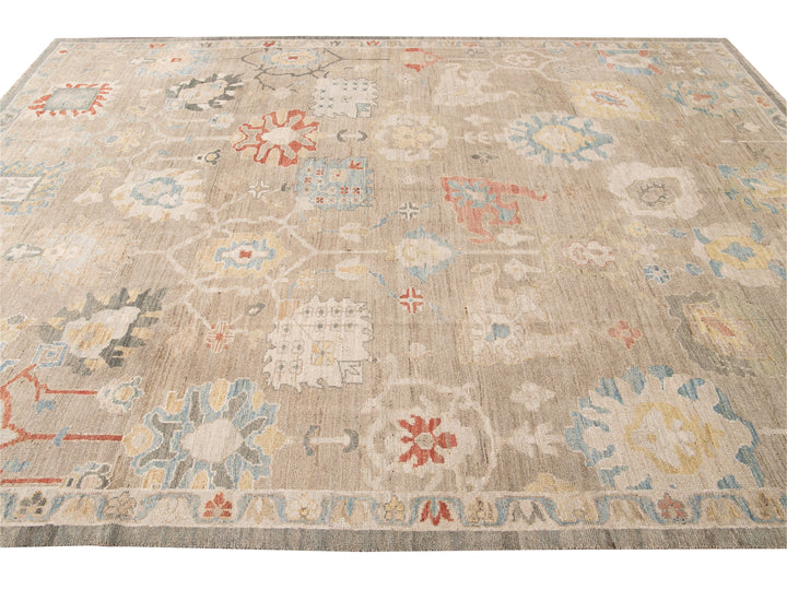 Modern Sultanabad Nude Handmade Geometric Floral Wool Rug