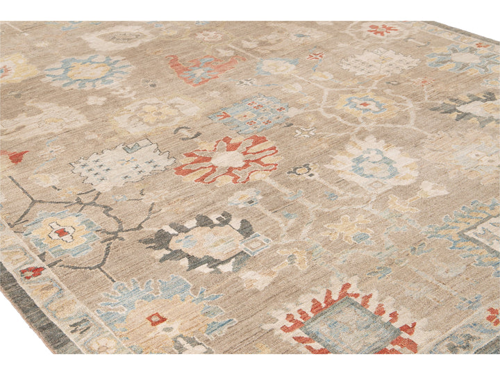 Modern Sultanabad Nude Handmade Geometric Floral Wool Rug