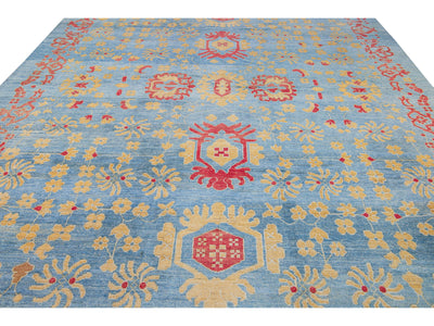 Modern Oushak Handmade Floral Blue Oversize Wool Rug