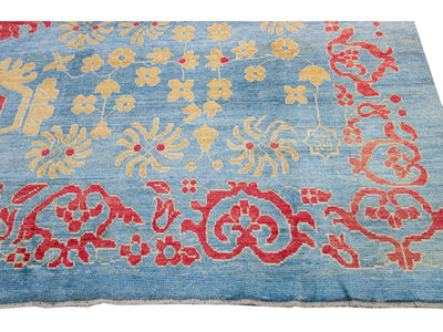 Modern Oushak Handmade Floral Blue Oversize Wool Rug