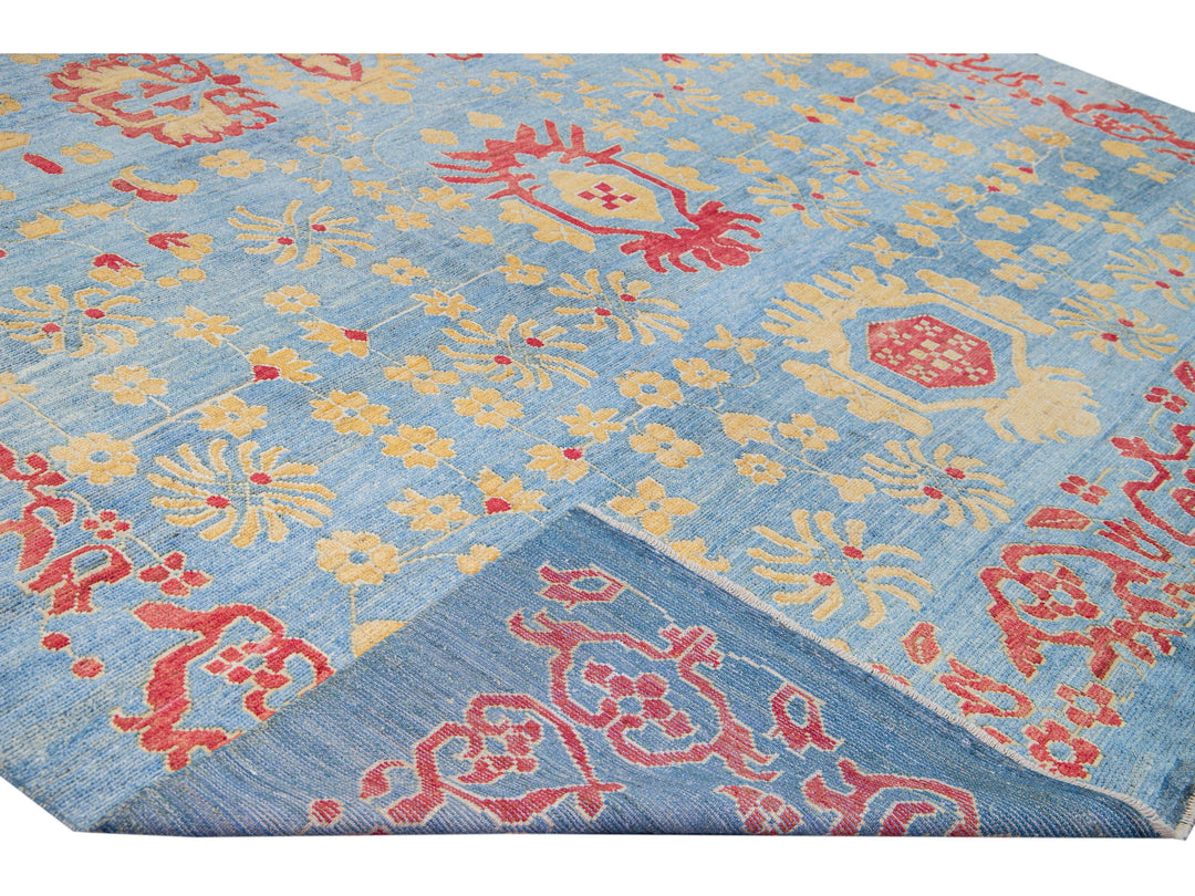 Modern Oushak Handmade Floral Blue Oversize Wool Rug