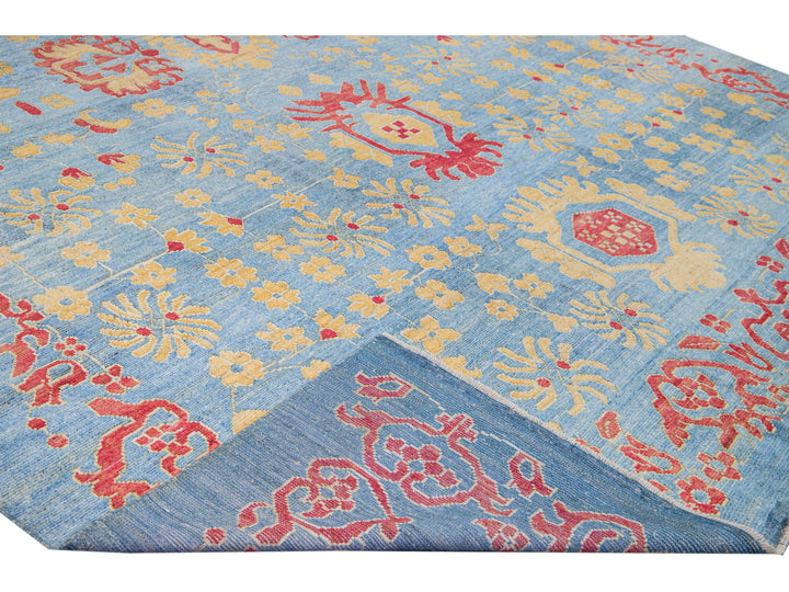 Modern Oushak Handmade Floral Blue Oversize Wool Rug