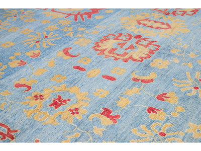 Modern Oushak Handmade Floral Blue Oversize Wool Rug