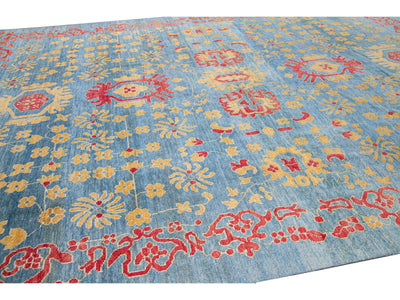 Modern Oushak Handmade Floral Blue Oversize Wool Rug